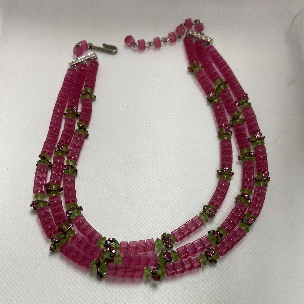 Elegant Pink and Green Beaded 3 strand Necklace